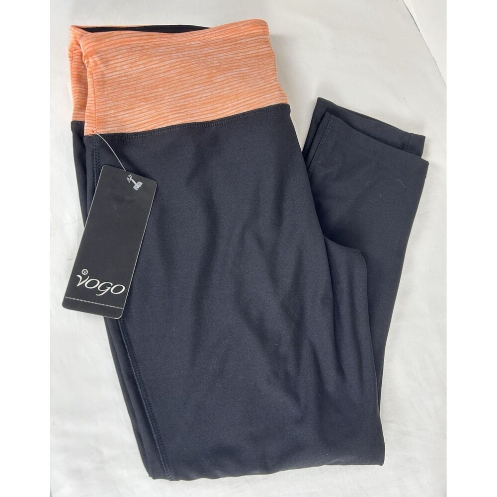 VOGO Athletica Women's L Leggings Black Peach Waistband Moisture Wicking Cropped